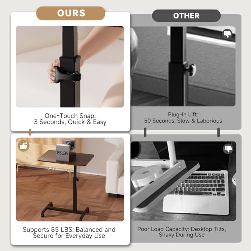 GTPLAYER Small Standing Desk, 24 Inches Foldable Mobile Rolling Laptop PC Table with Lockable Casters, Adjustable Height Overbed Bedside Table Computer Workstation for Home Office, Walnut-Foldable - color: Walnut-foldable