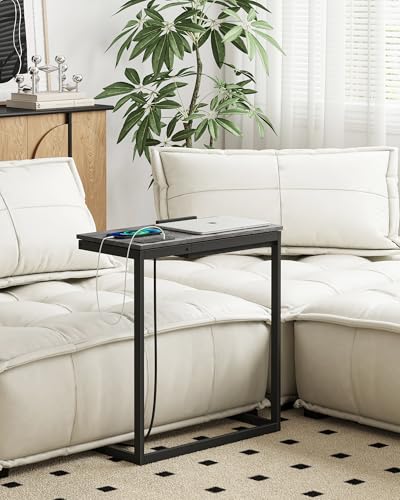 TUTOTAK Large C Shaped End Table, Side Table with Charging Station C Table | Tilting Laptop Stand with Storage, Computer Couch table for Living Room, Bedroom, Charcoal Grey TB01BY090 - color: Charcoal Grey, style: Plug