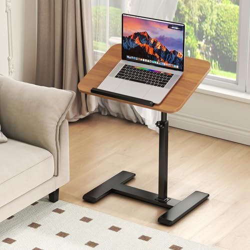 Adjustable Height C Shaped Side Table,360°Swivel Overbed Table,Top Tilting Laptop Stand Table with Hidden Wheels,Mobile Couch End Tables that Slide under,Rolling TV Coffee Table for Sofa/Bed (wood) - color: Wood