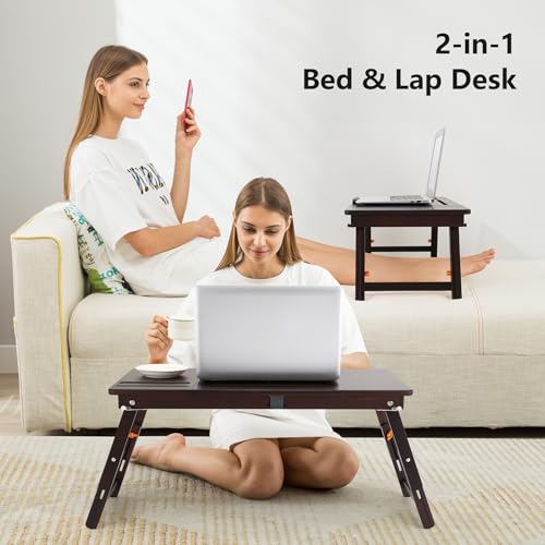 Nnewvante Bamboo Laptop Bed Desk, Adjustable Height & Angle, Black Walnut | With Drawer, Tablet & Phone Slots, Foldable Computer Lap Table, Breakfast Serving Tray for Bed Floor, 27.95" x 13.8" - color: Black Walnut