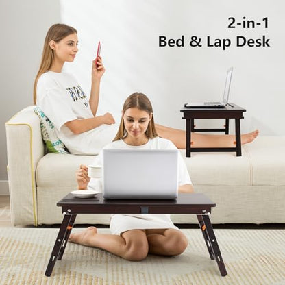 Nnewvante Bamboo Laptop Bed Desk, Adjustable Height & Angle, Black Walnut | With Drawer, Tablet & Phone Slots, Foldable Computer Lap Table, Breakfast Serving Tray for Bed Floor, 27.95" x 13.8" - color: Black Walnut
