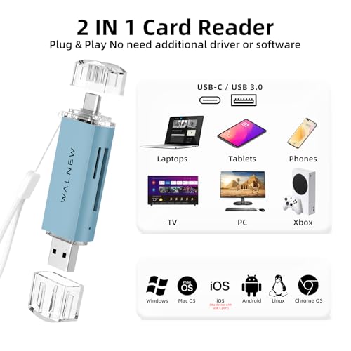 WALNEW SD Card Reader, USB 3.0 & USB-C SD/TF Memory Card Adapter | Supports UHS-I SD/SDHC/SDXC/MicroSD, Compatible with MacBook, PC, iPad, iPhone 15, Samsung Galaxy Android - color: Blue
