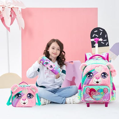 Meetbelify Cute Pink Bear Rolling Backpack with Wheels for Girls School Rolling Backpack Kids Travel Luggage for Girls Ages 5-12 - color: 01 Bear