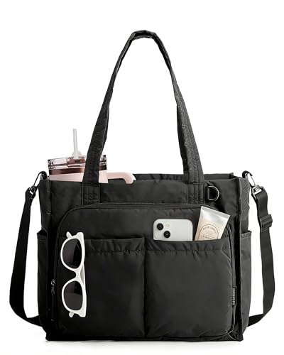 BAGSMART Small Tote Bag for Women, 13'' Laptop Canvas Work Bag with Zipper | 30oz/40oz Tumble & 11 Pockets Travel Tote, Teachers/Nurses, Lightweight Canvas or Water-Resistant Puffer Taslon Crossbody Bag - color: Large All Black, size: Puffy Taslan