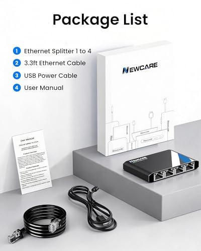 NEWCARE Gigabit Ethernet Splitter 1 to 4 with 3.3ft LAN Cable, 1000Mbps High Speed 1 in 4 Out RJ45 Multi Port Internet Splitter for Cat5e/6/7/8, 4 Devices Simultaneously Networking, Plug & Play