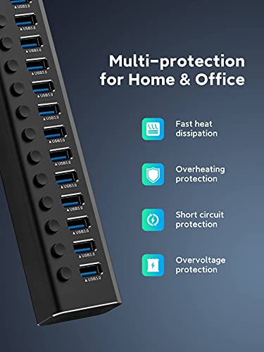 Powered USB Hub Rosonway 16 Ports 96W USB 3.0 Data Hub Aluminum USB Hub 3.0 Splitter with 12V/8A Power Adapter and Individual On/Off Switches RSH-A16 (Black) - size: 16 Ports USB 3.0 hub