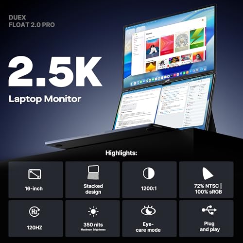 New Mobile Pixels Duex Float 2 Pro 2.5 K Portable Monitor, 16" Laptop Screen Extender (Built-in Kickstand), USB C/HDMI Stacked Monitor Extender with Dual Speakers, Windows, MacOS, Switch, Android
