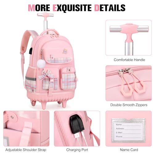ACESAK Rolling Backpack for Girls - Roller Wheels School bag with Lunch Bag & Pencil Pouch for Teen Girls Kids Wheeled Suitcase Backpacks, Elementary Middle School Travel Daypack (Pink) - color: Pink