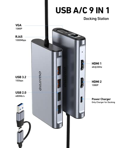 USB Docking Station Dual Monitor, GIISSMO 9-in-1 USB A 3.0 / USB C Docking Station Triple Monitor with 2 HDMI,VGA, 10Gbps USB 3.1, Gigabit Ethernet, Triple Display for Mac & MacBook & Windows Laptop - color: Grey