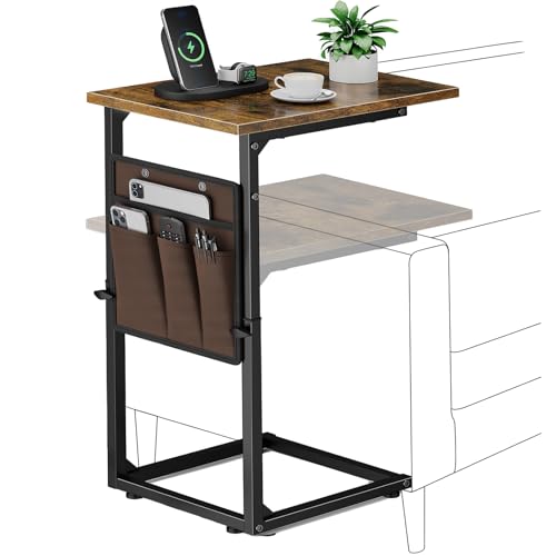Vagusicc C-Shaped End Table, Small Side Table for Couch, Sofa Table Adjustable Height End Tables Living Room, Bedside Slide Under Couch Table for Sofa, TV Tray Table with Metal Frame for Bedroom,Brown - color: Rustic Brown, style: With Storage Pocket