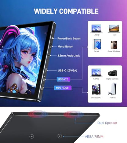 10.1 Portable Touchscreen Monitor,HDMI USB-C for Travel Mac (dark black) | 1920×1200,IPS 16:10,100% sRGB,1500:1,10-Point Touch,Speaker,VESA,Magnetic Case,400 nits - color: dark black