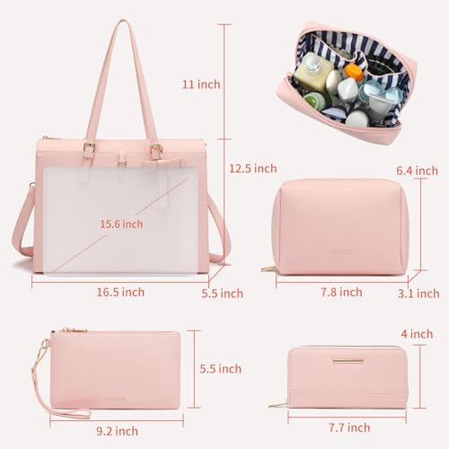 Keyli 4pc Sets Laptop Bag for Women Large Leather Laptop Briefcase with USB Charging Port Computer Shoulder tote Bags Purse - color: Pink
