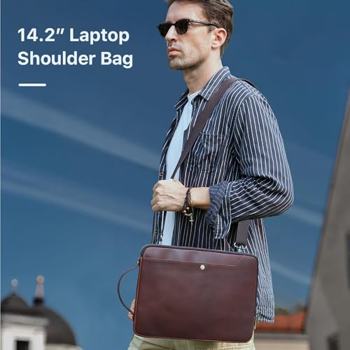 Top Grain Leather 14.2" Slim Laptop Bag Case, Handmade, Adjustable Strap & 2 Pockets, Compatible with MacBook Pro 14 inch 2021 2022 M1 Pro/M1 Max A2442 & Other PC, Red Coffee 14.2 Inch - color: #5【Adjustable Strap】-Red Coffee-2 Pockets, size: 14.2" - Fits