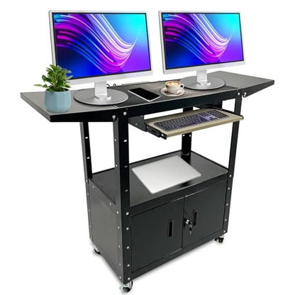 AV Cart with Locking Cabinet and Keyboard Tray, Height Adjustable Rolling Computer Cart with Wheels and Power Strip for Mobile Equipment Workstation Utility Cart(42" x 54" x 20") - size: 42" x 54" x 20"
