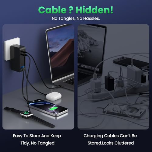 120W USB C Charger Block with 2 Built-in Retractable Cables,4-in-1 GaN IV Foldable Plug Wall Charger Fast Charging Station,PD 65W Laptop Adapter for MacBook/iPad,iPhone 16/15/14,Android (Black) - color: Matte Black