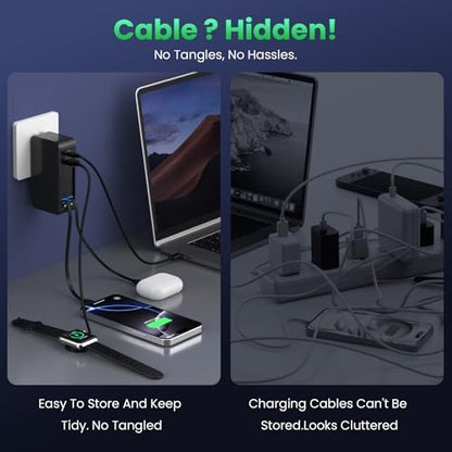 120W USB C Charger Block with 2 Built-in Retractable Cables,4-in-1 GaN IV Foldable Plug Wall Charger Fast Charging Station,PD 65W Laptop Adapter for MacBook/iPad,iPhone 16/15/14,Android (Black) - color: Matte Black
