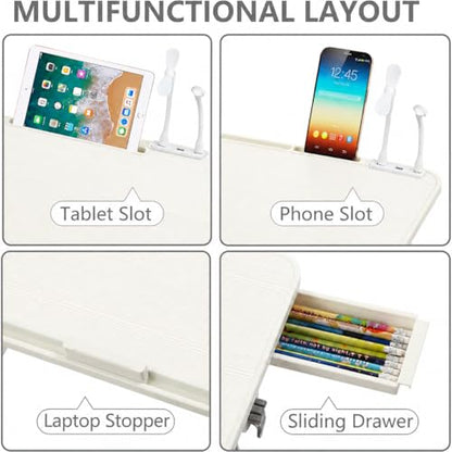 Adjustable Lap Desk with USB Fan & LED Light, Height & Angle Adjustable Laptop Bed Tray Table, Foldable Laptop Stand for Bed, Couch, Sofa & Floor,White - color: White