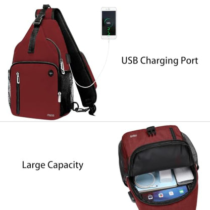 MOSISO Sling Backpack Bag, Crossbody Shoulder Bag Travel Hiking Daypack Chest Bag with Front Square Pocket&USB Charging Port - color: Wine Red