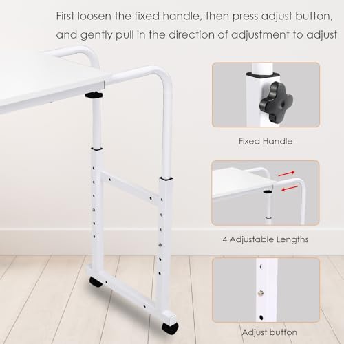 Overbed Table with Wheels,60.6-84.2 inches Mobile Bed Desk, White | Rolling Computer Desk with 0-65°Tilt Stand,4 Heights and 6 Lengths,Side Storage Basket,for Home,Office and Hospital - color: White
