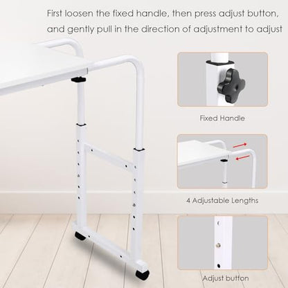 Overbed Table with Wheels,60.6-84.2 inches Mobile Bed Desk, White | Rolling Computer Desk with 0-65°Tilt Stand,4 Heights and 6 Lengths,Side Storage Basket,for Home,Office and Hospital - color: White