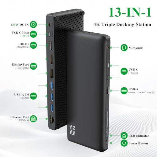 Laptop Docking Station, 12-in-1 USB-C Docking Station, Triple Display with 1xHDMI and 2xDP, 10 Gbps USB-C and 5 Gbps USB-A Data, Ethernet, Audio, 100W Charging for Dell, HP, Lenovo and More - size: 2×DP + 1×HDMI