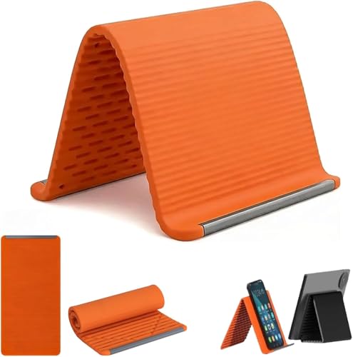 Flexible Silicone Aluminum Phone Holder Stand, Portable Foldable Silicone Phone Holder for Long Travel Accessories, Universal Adjustable Anti-Slip Desktop Mount for Phone Tablet Laptop (Orange) - color: Orange