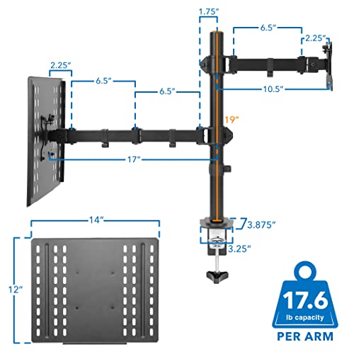 Mount-It! Laptop Desk Mount with Monitor Arm, Dual Laptop and Monitor Stand, Fully Adjustable, VESA Compatible, Ventilated Tray, Fits 13-32" Screens and Laptops up to 17", Clamp & Grommet Base