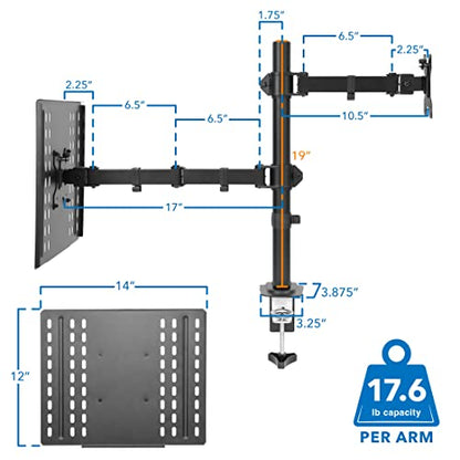 Mount-It! Laptop Desk Mount with Monitor Arm, Dual Laptop and Monitor Stand, Fully Adjustable, VESA Compatible, Ventilated Tray, Fits 13-32" Screens and Laptops up to 17", Clamp & Grommet Base