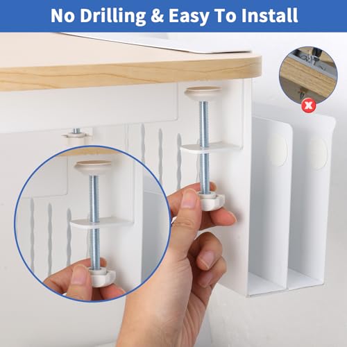 LUKETURE 2 Tier Desk Side Storage, No Drill Laptop Mount with Pen Holder | Fits Flat Edge Desks 0.3 to 2.8 Inches,Secure Grip on Wood, Glass, or Metal Surfaces Without Slipping - color: White(2 Tie)