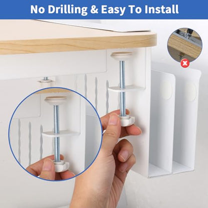 LUKETURE 2 Tier Desk Side Storage, No Drill Laptop Mount with Pen Holder | Fits Flat Edge Desks 0.3 to 2.8 Inches,Secure Grip on Wood, Glass, or Metal Surfaces Without Slipping - color: White(2 Tie)