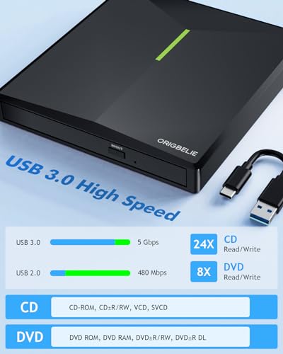 ORIGBELIE External CD DVD Drive with 4 USB Ports and 2 TF/SD Card Slots, USB 3.0 Portable CD/DVD Disk Drive Player Burner Reader Writer for Laptop Mac PC Windows 11/10/8/7 Linux OS with Carrying Case - size: 5.9" x 5.65" x 0.75"