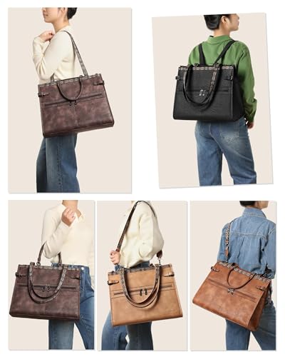 FADEON Laptop Bag for Women Designer PU Leather Large Tote Bags Backpack Purses with 15.6 Laptop Compartment Shoulder Handbag - color: Coffee Brown