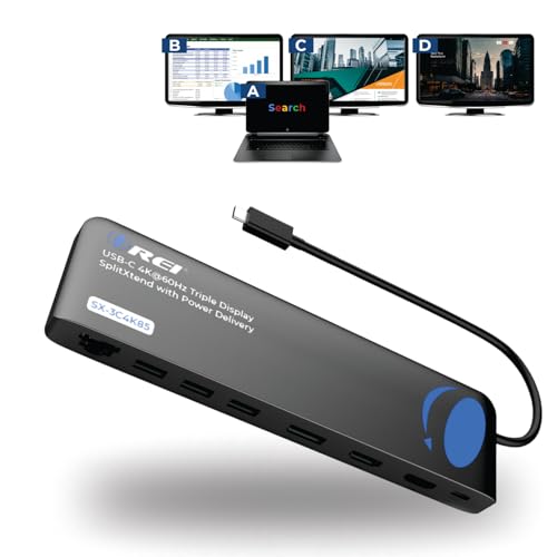 OREI USB C Docking Station Triple Monitor, SplitXtend 12-in-1 Laptop Dock with 2 HDMI + DisplayPort, 4K@60Hz, 85W PD, Ethernet, USB, SD/TF – 3 Monitor Dock (MST, No Drivers, Windows) - color: Graphite Black