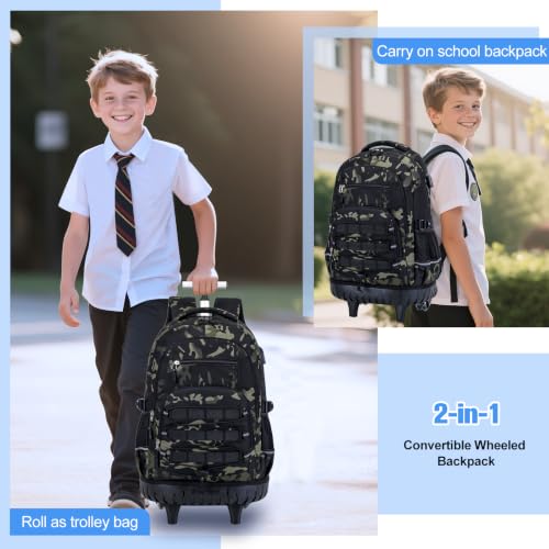 ACESAK Camo Rolling Backpack Boys, Tactical Kids Backpack Boys, Kids Suitcase for Boy Teens Elementary Middle High School, Military Backpack with Wheels and Lunch Bag Pencil Case Set (Camo Black) - color: Camo Black