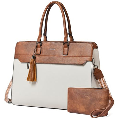 15.6 Inch Laptop Tote Bag with Clutch Purse for Women | Water-Resistant Vegan Leather Computer Briefcase with Satchel Purse,Professional Business Tote,Casual Handbag,Work Office - color: Beige With Brown