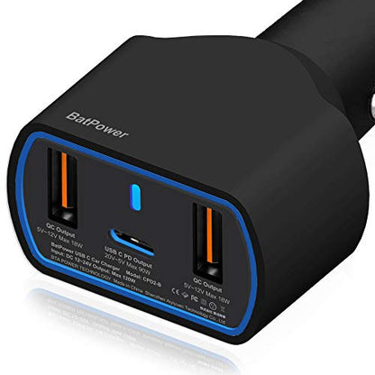 BatPower High Power Delivery 120W USB-C Laptop Car Charger Compatible with Surface Book Laptop 4 3 Pro 10 9 8 X 7 HP Razer Dell USB-C Laptop Vehicle Charger DC 12v-24v Auto Charger - color: Black