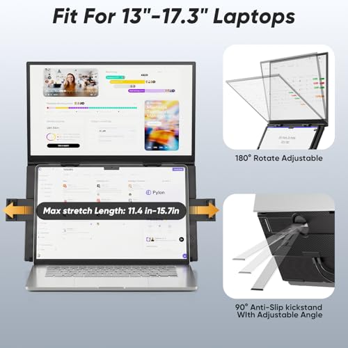 Laptop Screen Extender, 15.6” FHD 1080P Portable Monitor for Laptop, 0.2" Ultra-Thin Display with 100% sRGB, Dual Screen Extender for 13–17” Laptops, Plug & Play for Windows/Mac/Chrome/Android - size: 15.6" Dual Screen Extender