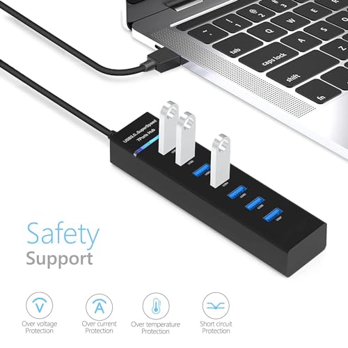 USB 3.0 Hub, 7-Port USB Data Hub Splitter for Laptop, PC, MacBook, Mac Pro, Mac Mini, More USB Devices-4FT(1x 3.0 Port+6X 2.0 Ports)