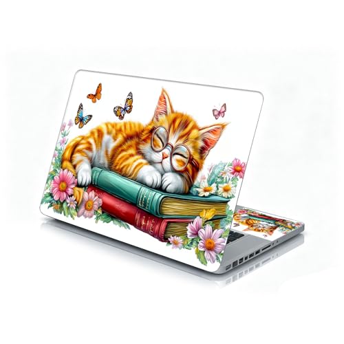 Universal Laptop Skin Sticker Decal, 12"-15.6" Aesthetic Vinyl Wrap, Sleeping Cat with Glasses Waterproof Notebook Cover Art Protector for MacBook HP Dell Lenovo, Fits 13" 14" 15" 15.6" - color: Sleeping Cat with Glasses