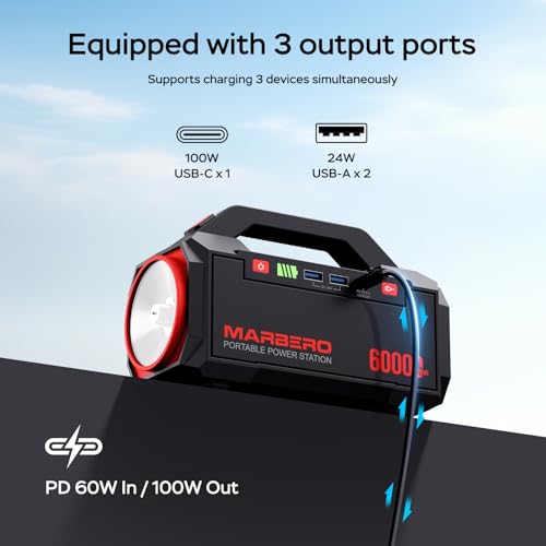 MARBERO Power Bank 60,000mAh Portable Power Station 222Wh with 60W PD Fast Charge & LED Light for Home Backup Outdoor Camping RV Travel and Emergency Power Supply - color: Red Black