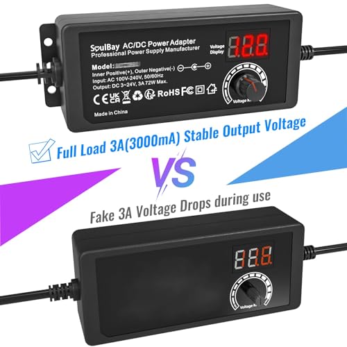 SoulBay 72W Universal Power Supply, 3V-24V 3A, Volt Display, 14 Tips | Adjustable AC/DC Adapter, Reverse Polarity Cable, 3000mA Max, For Household Electronics, LED Strips, Routers, Cameras