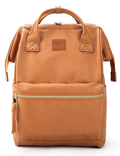 Kah&Kee Leather Laptop Backpack for Women 15 inch Teacher Work Travel Bag | Premium water-resistant PU leather. Fits 14″ & 15″ laptops. Anti-theft pocket, luggage strap. Ideal for daily commute. - color: Camel Beige, size: Medium