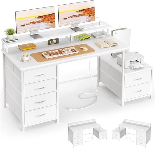 52 Inch Office Desk with 6 Drawers and Printer Space for Storage, Reversible Computer Desk with Monitor Stand & Power Outlets, Home Office Desks, White - color: White