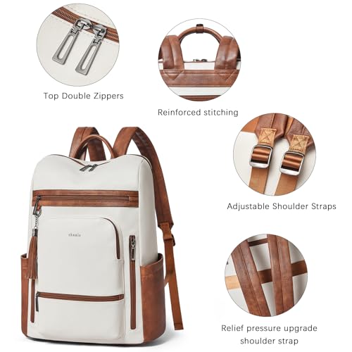 Shrrie Upgraded Large Travel Laptop Backpack with Laptop Compartmetn Fits 17 inch Laptop,Waterproof Vegan Leather Computer Backpack for Women and Men Work Business College - color: Beige With Brown