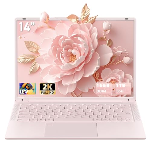 14" Pink Laptop, 16GB DDR4 RAM 1TB, N150 CPU for Business Work Students | Win 11 Pro, 2K FHD IPS Screen, Fingerprint Reader, Type-C, WiFi 5, Bluetooth 5.0, 6000mAh Battery - size: 16G+1TB