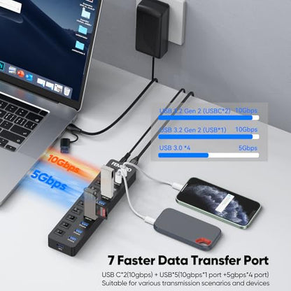 Powered USB C Hub 3.2 11-Port 48W, USB-C 3.2 (10Gbps)*2 + USB-A 3.2 (10Gbps)*1 + USB-A 3.0 (5Gbps)*4 + Power-only Port*4 with 12V/4A Power Adapter High Speed for Laptop PC Phone SSD HDD Flash Drive