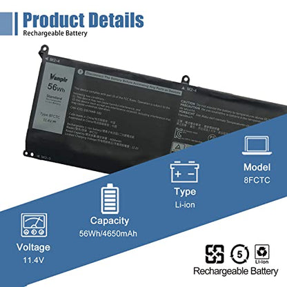 56Wh 8FCTC Laptop Battery Replacement for Dell XPS 15 9500 Precision 5550 | Compatible with Dell Alienware M15/M17 R3/R4 Inspiron 15 7510, Replaces 08FCTC 70N2F P8P1P DVG8M, 11.4V 4650mAh Battery - size: 11.8*2.14*0.17 inch 8FCTC