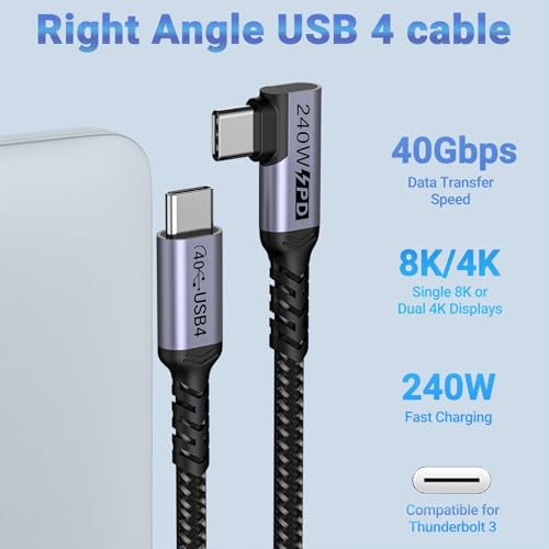 USB4 Cable 3.3FT 2 Packs, 240W USB C to USB C Right Angle | 40Gbps High Speed Data, Single 8K/Dual 4k Video Display, Compatible for Thunderbolt 4, 3, Monitor, iPhone 15/16 Pro Max - size: 240w - 3ft, 3ft