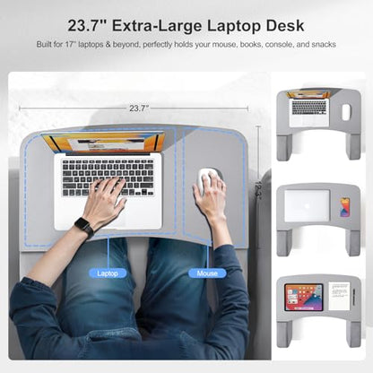 OPTIXCELL Wooden Lap Desk Pillow for Laptop with Arm Rests for Bed & Couch | Ergonomic Large 23.7" Surface, Sturdy 44 LBS Capacity, Side Pockets, for Reading, Writing, Working, Gaming, Eating, Watching