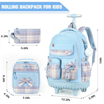 ACESAK Rolling Backpack for Girls - Roller Wheels School bag with Lunch Bag & Pencil Pouch for Teen Girls Kids Wheeled Suitcase Backpacks, Elementary Middle School Travel Daypack (Blue) - color: Blue